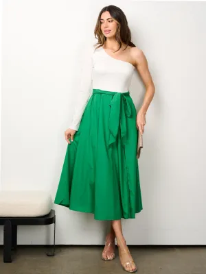 WOMEN'S ONE SHOULDER SELF TIE POCKETS COLORBLOCK MIDI DRESS