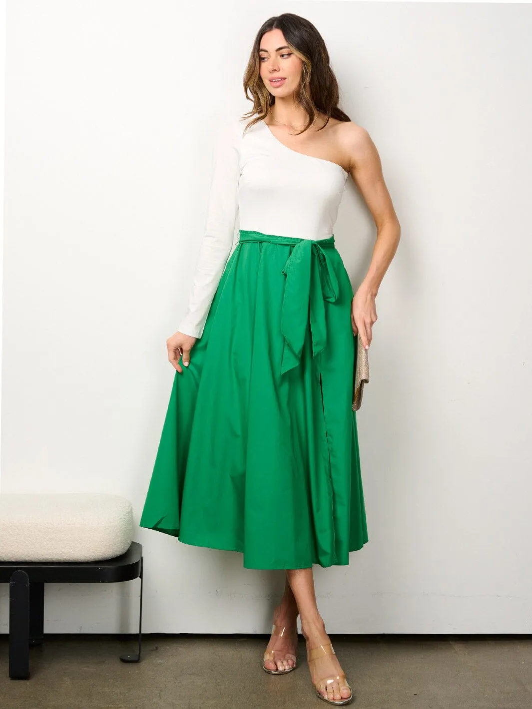WOMEN'S ONE SHOULDER SELF TIE POCKETS COLORBLOCK MIDI DRESS