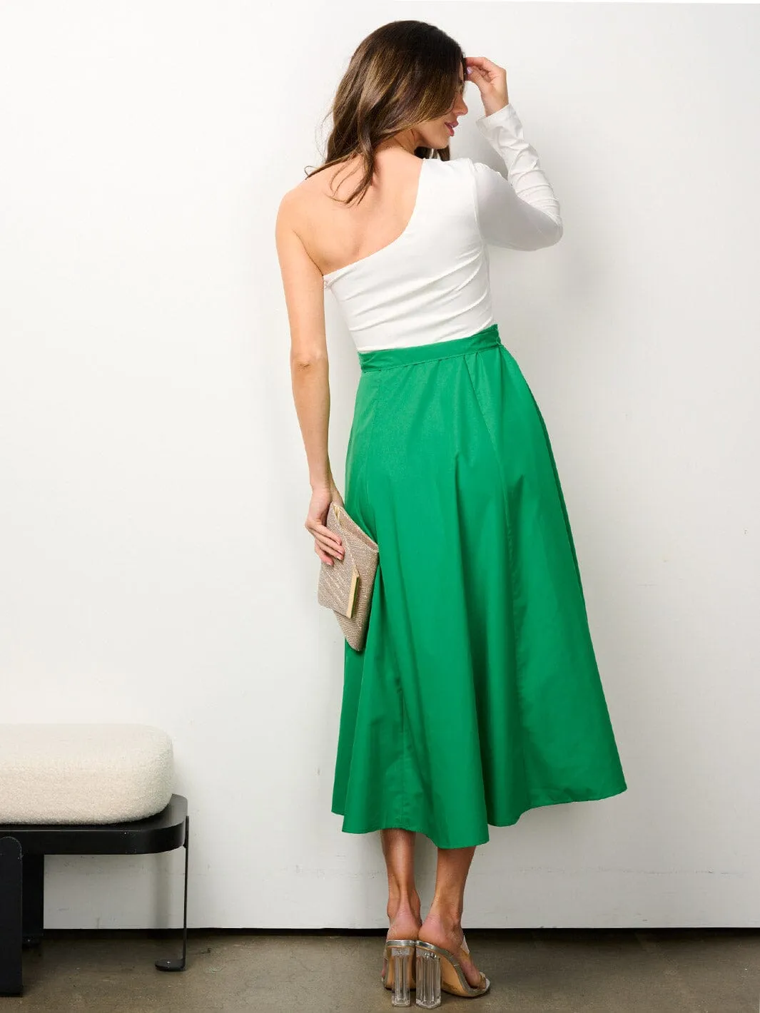 WOMEN'S ONE SHOULDER SELF TIE POCKETS COLORBLOCK MIDI DRESS