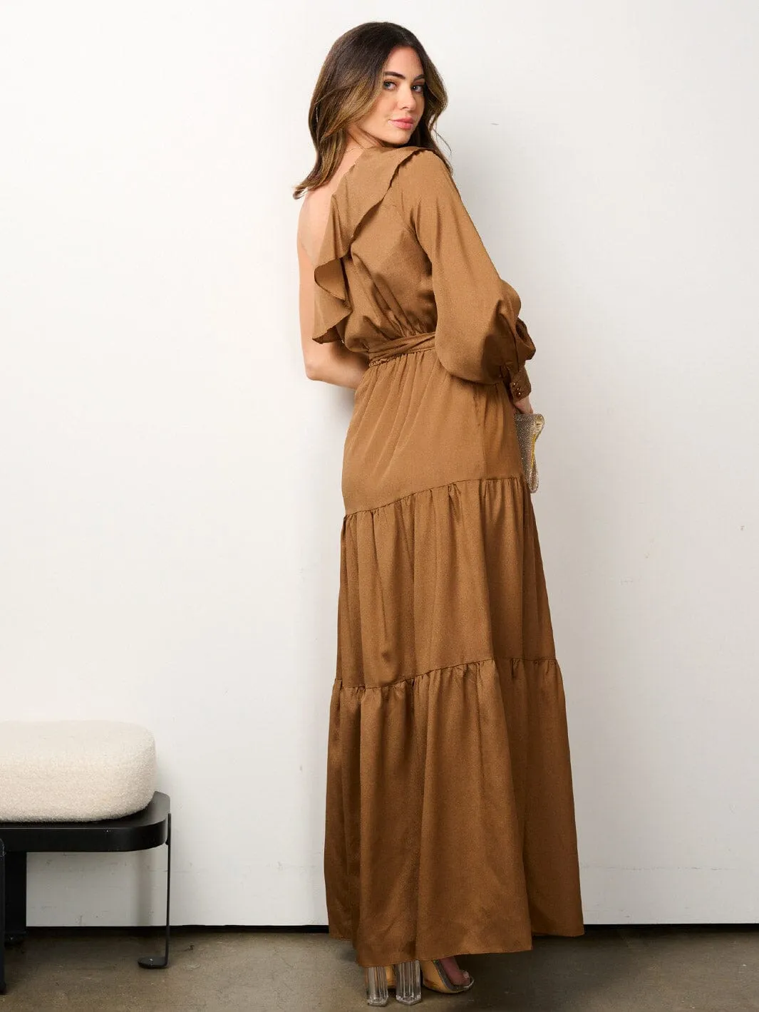 WOMEN'S ONE SHOULDER SELF TIE TIERED RUFFLE MAXI DRESS