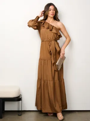 WOMEN'S ONE SHOULDER SELF TIE TIERED RUFFLE MAXI DRESS