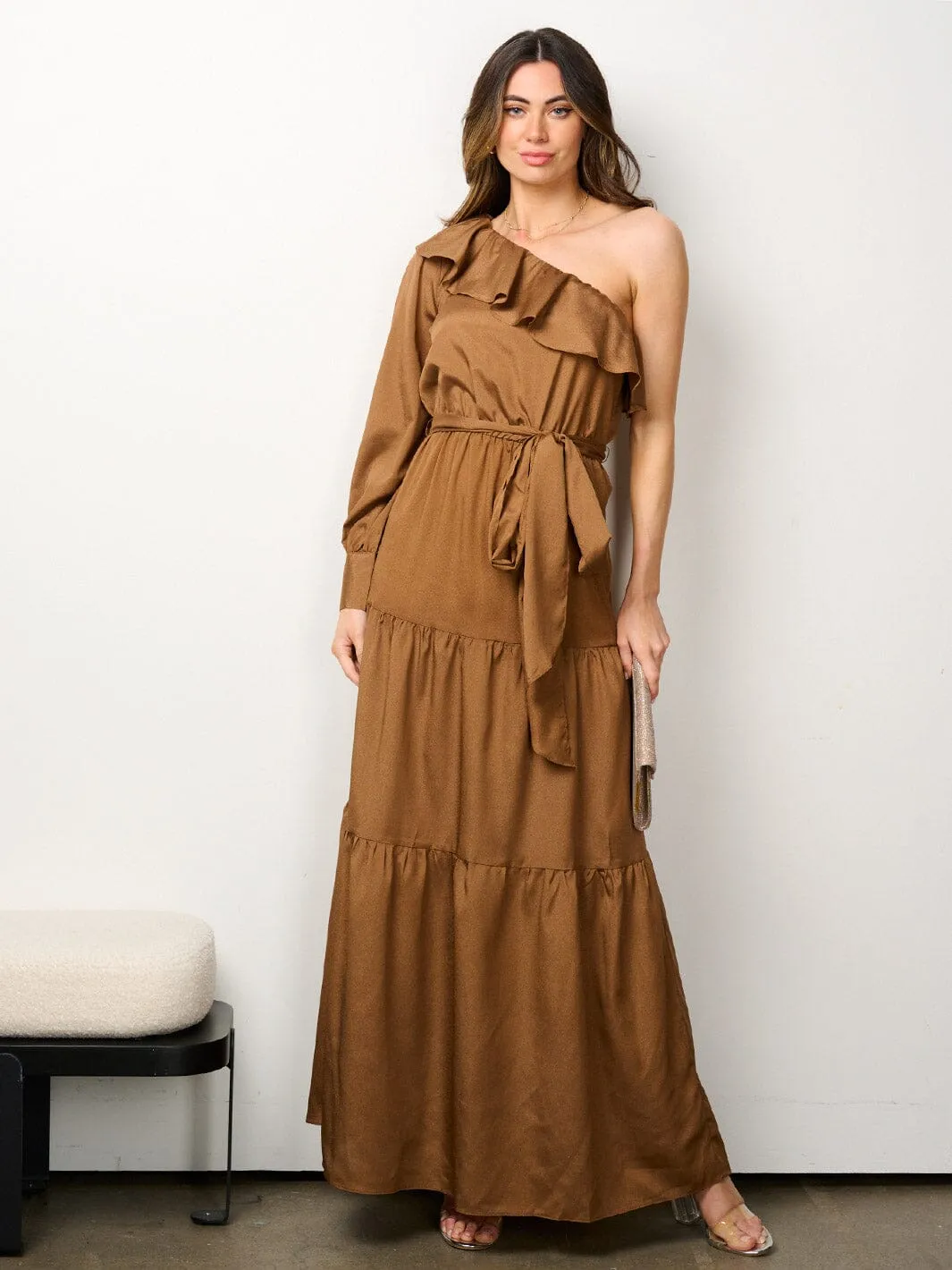 WOMEN'S ONE SHOULDER SELF TIE TIERED RUFFLE MAXI DRESS