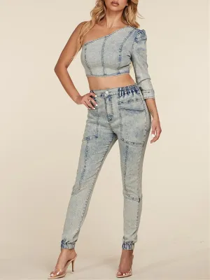 WOMEN'S ONE SHOULDER TOP & PANTS DENIM 2PC SET