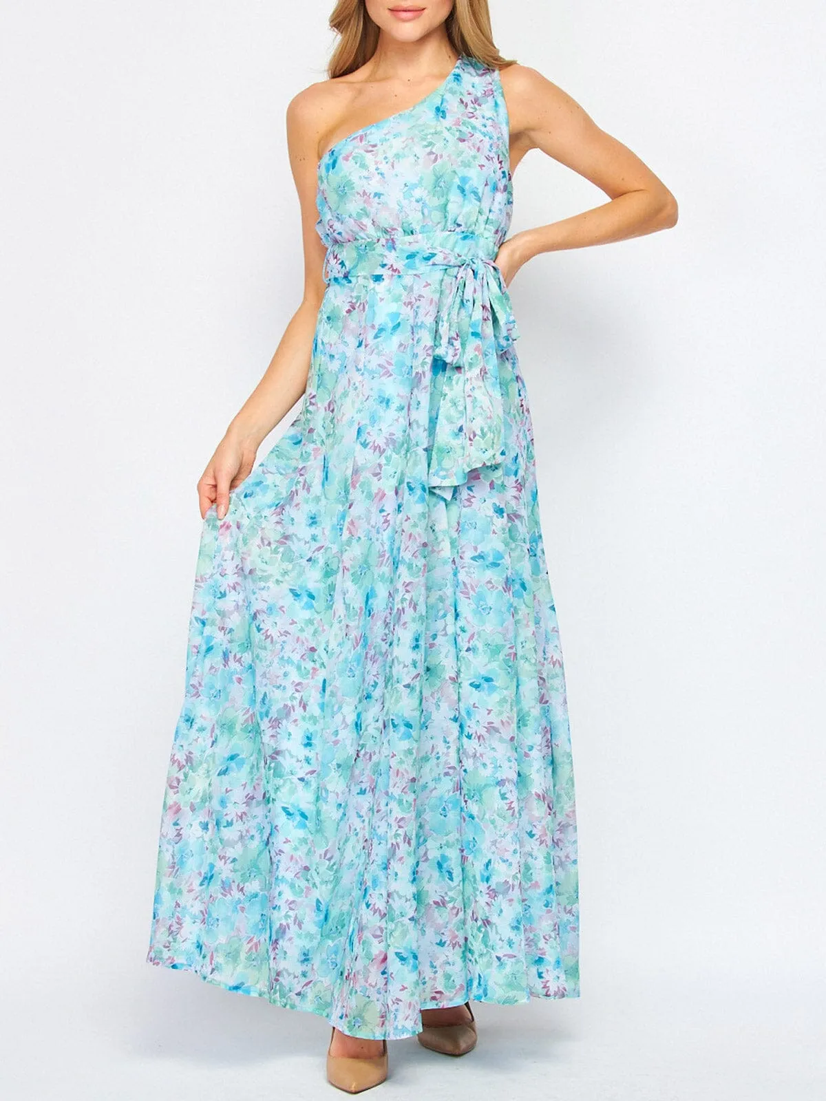 WOMEN'S SLEEVELESS ONE SHOULDER FLORAL MAXI DRESS