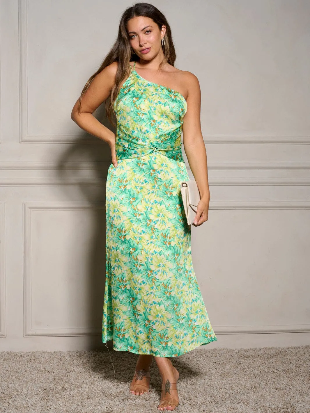 WOMEN'S SLEEVELESS ONE SHOULDER FRONT KNOT FLORAL MAXI DRESS