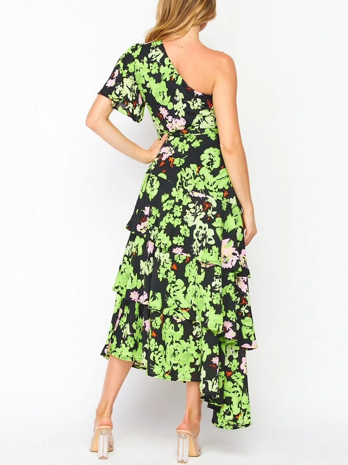 WOMEN'S SLEEVELESS ONE SHOULDER RUFFLE TIERED FLORAL MAXI DRESS