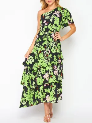 WOMEN'S SLEEVELESS ONE SHOULDER RUFFLE TIERED FLORAL MAXI DRESS