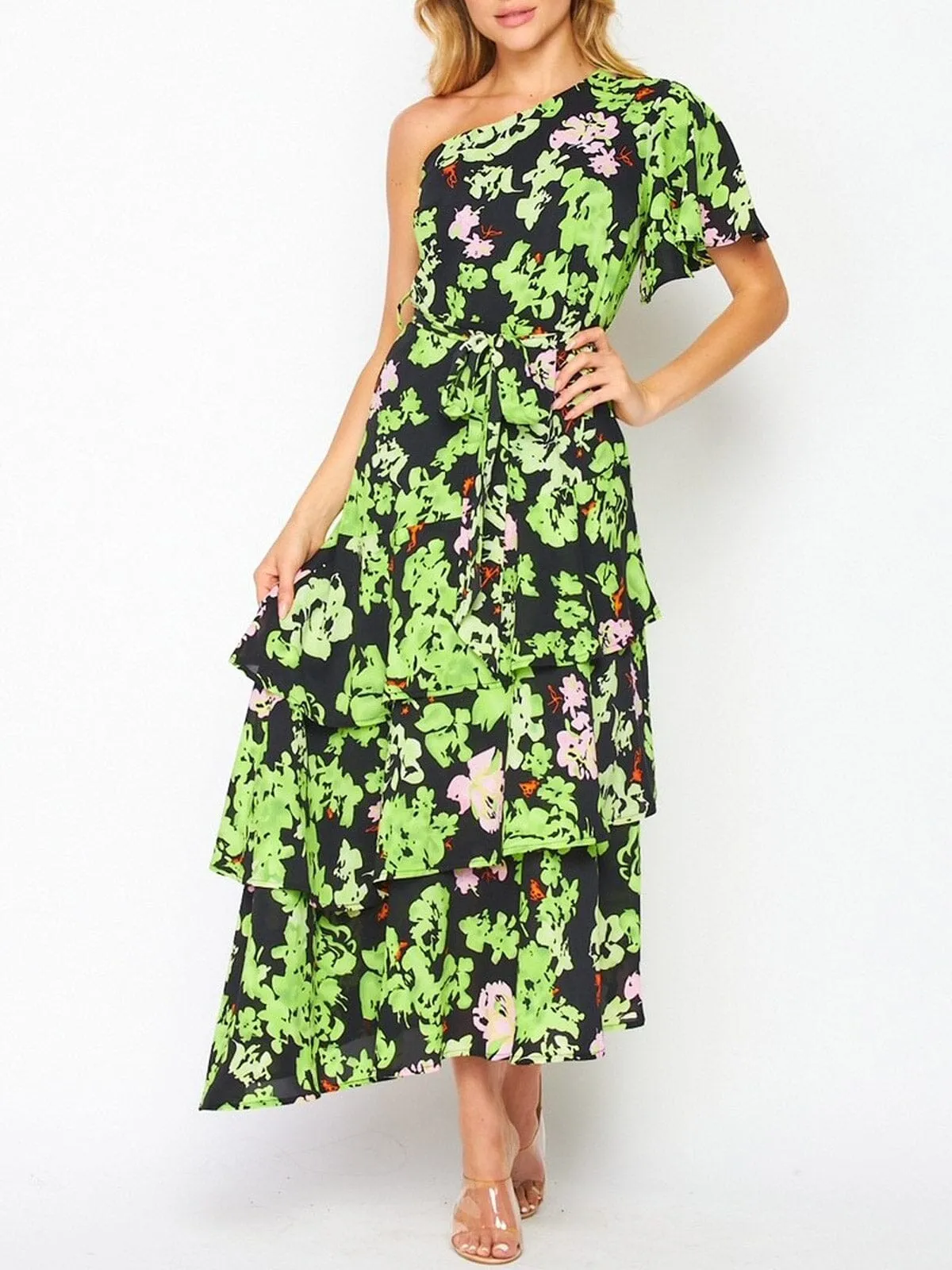 WOMEN'S SLEEVELESS ONE SHOULDER RUFFLE TIERED FLORAL MAXI DRESS