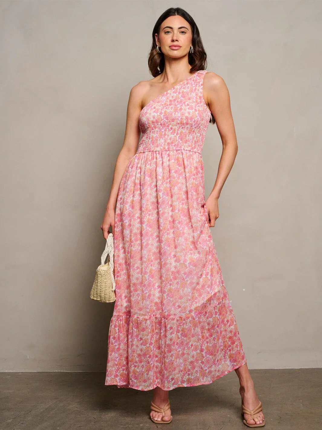 WOMEN'S SLEEVELESS ONE SHOULDER SMOCK FLORAL MAXI DRESS