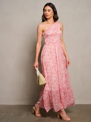 WOMEN'S SLEEVELESS ONE SHOULDER SMOCK FLORAL MAXI DRESS