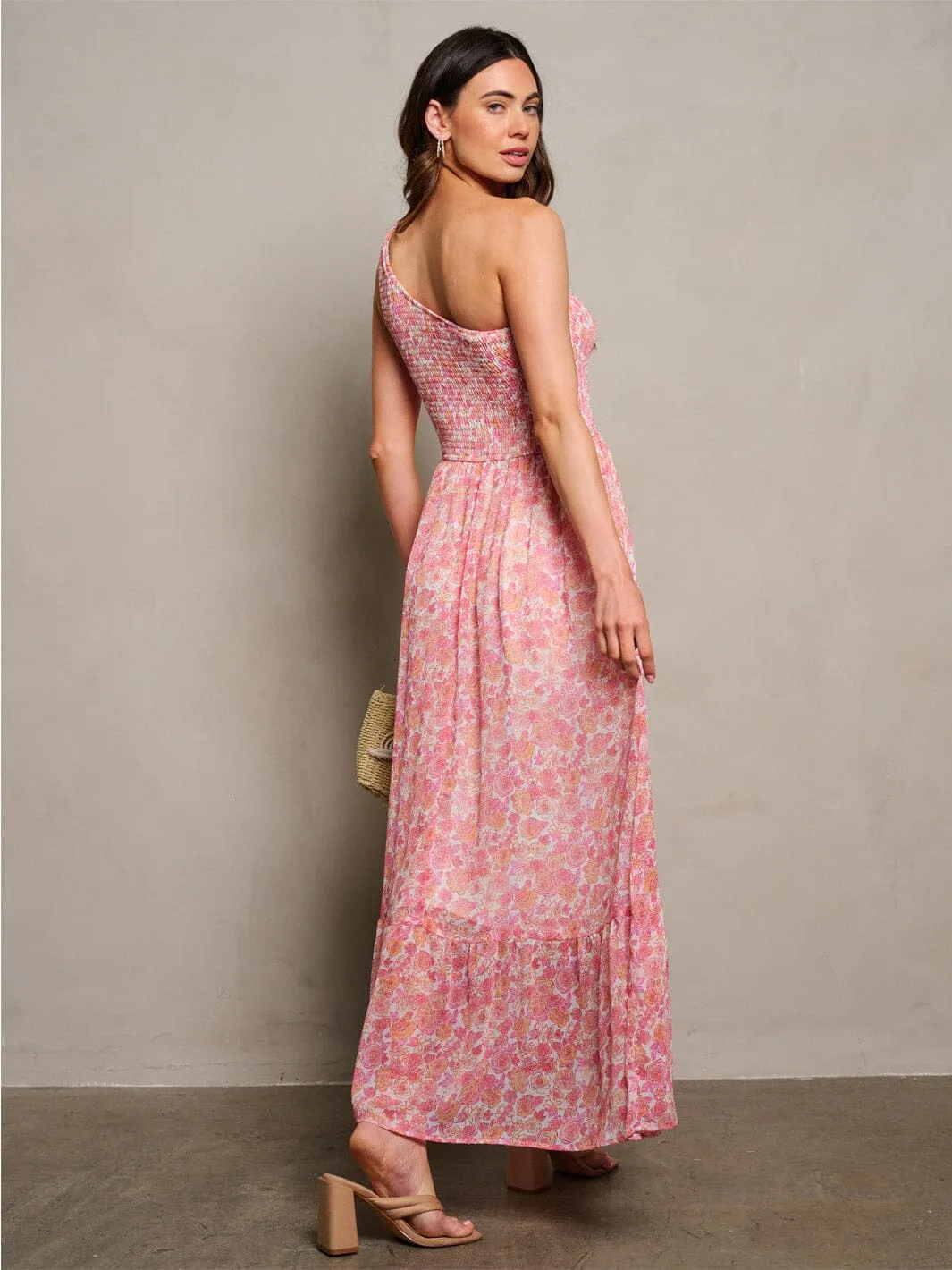 WOMEN'S SLEEVELESS ONE SHOULDER SMOCK FLORAL MAXI DRESS