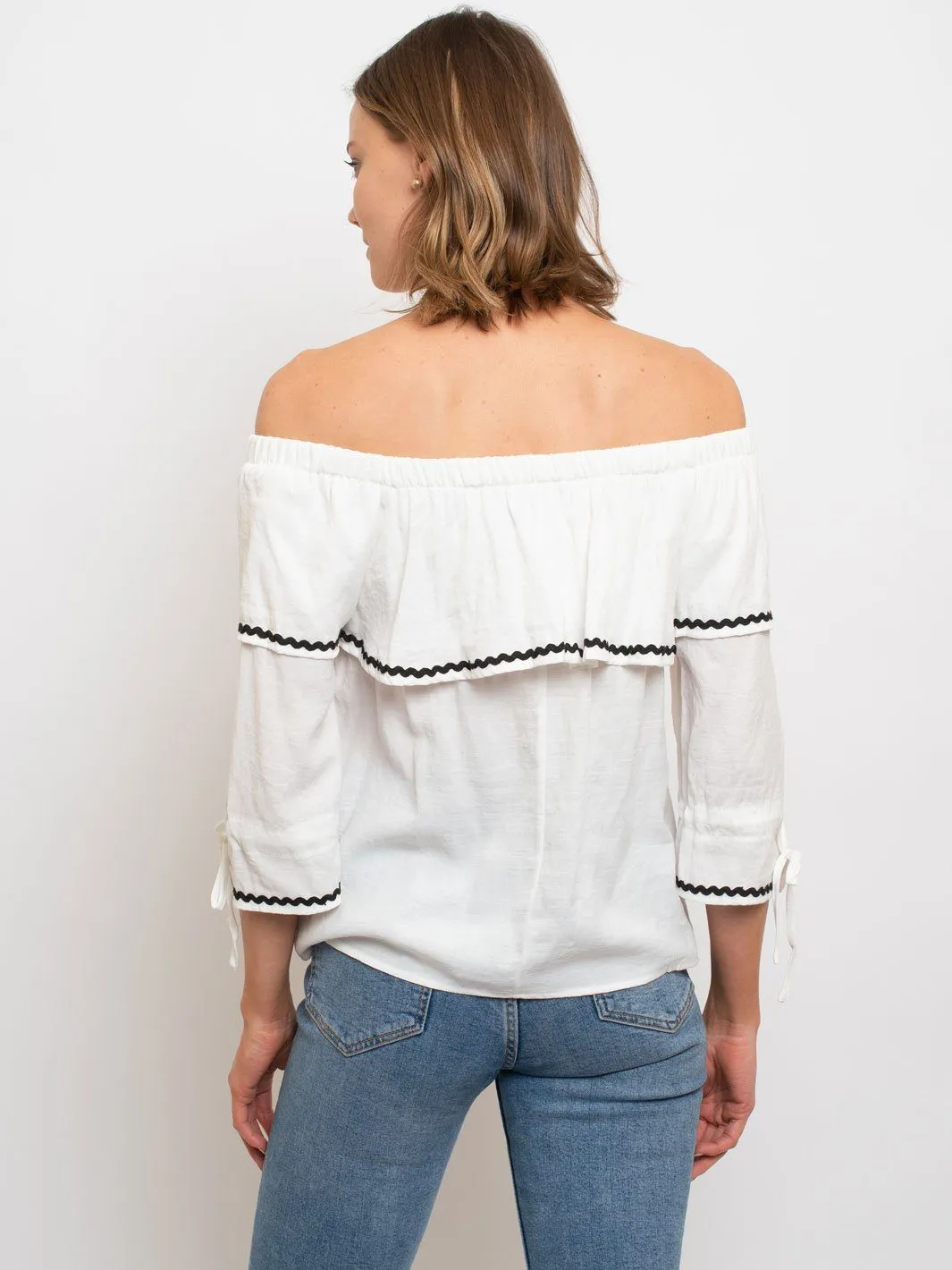 WOMEN'S WOVEN OFF SHOULDER TOP