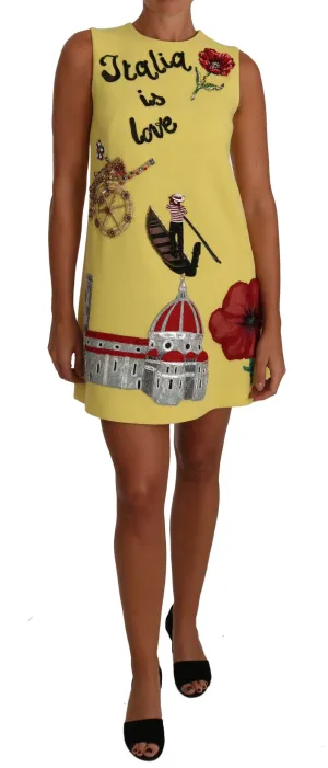 Yellow ITALIA IS LOVE Crêpe Embroidered Crystal Dress