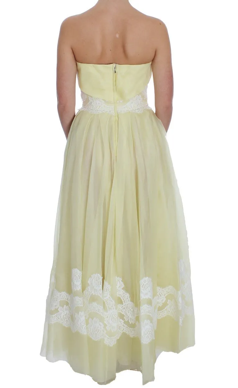 Yellow White Lace Silk Maxi Gown Dress