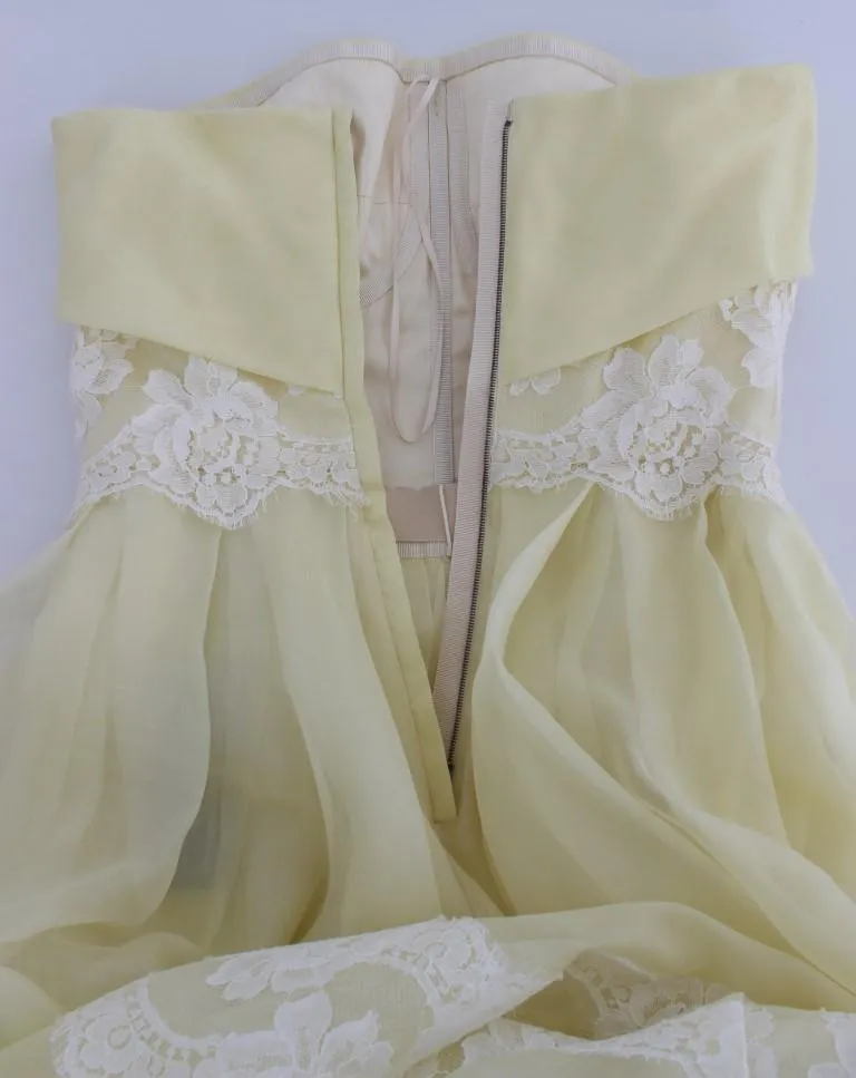 Yellow White Lace Silk Maxi Gown Dress