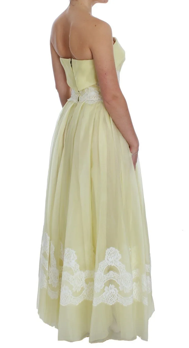 Yellow White Lace Silk Maxi Gown Dress