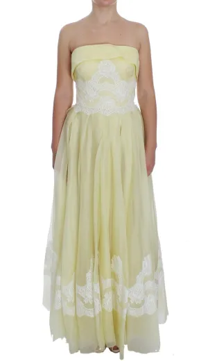 Yellow White Lace Silk Maxi Gown Dress