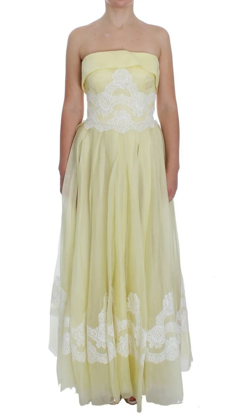 Yellow White Lace Silk Maxi Gown Dress